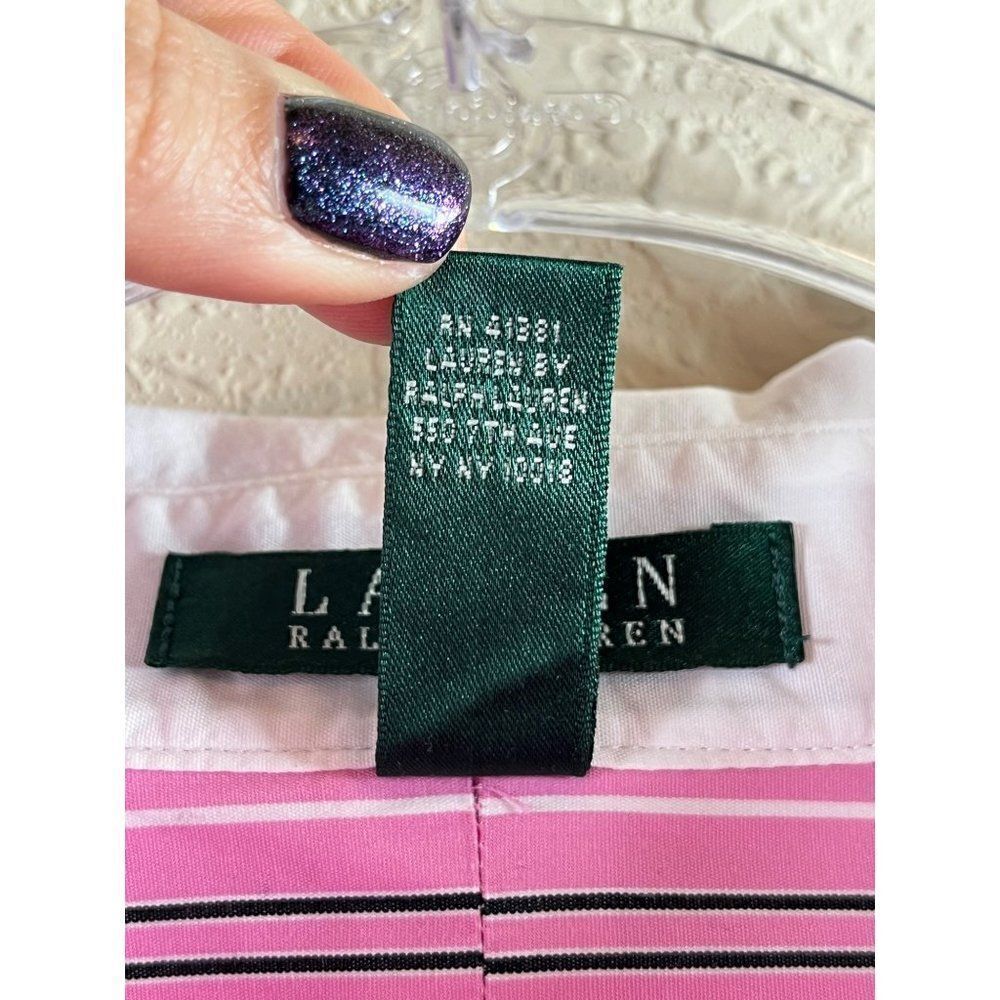 Lauren Ralph Lauren Striped Button Up Contrast Collar Blouse 1X Pink White Work - Picture 8 of 10